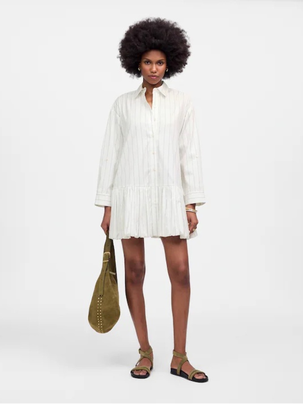 Madewell Bubble Hem Mini Shirtdress in Pinstripe Poplin White Size Large NEW
